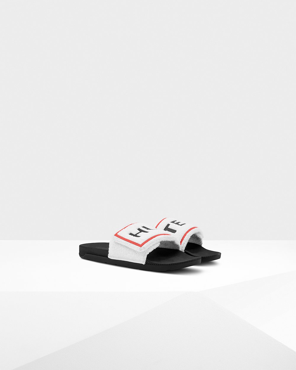 Mens Hunter Slides Black/White - Original Terry Towelling Logo Adjustable - 7214906-JM